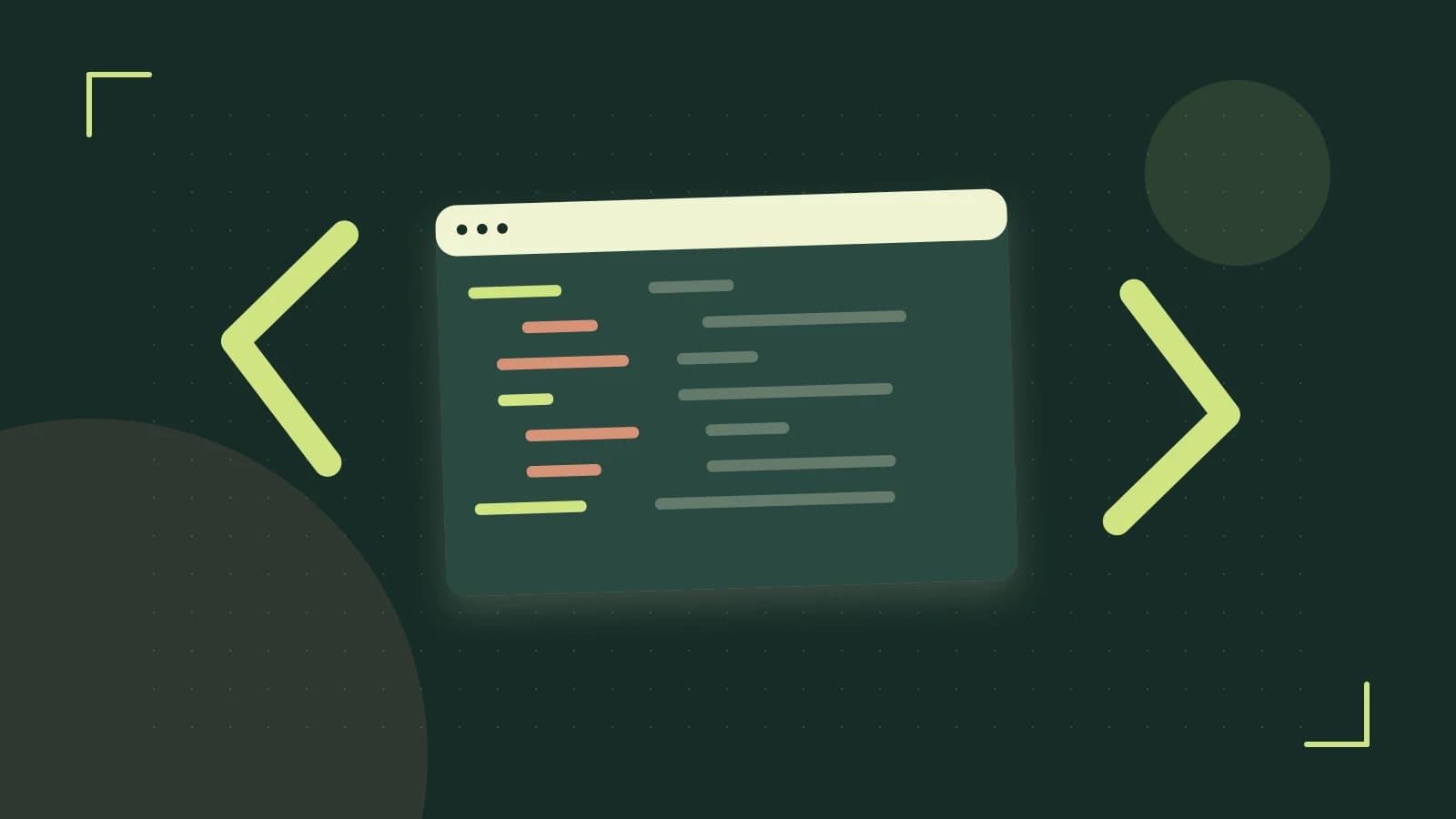 Editorial illustration of an abstract code editor, syntax blocks and oversized programming brackets