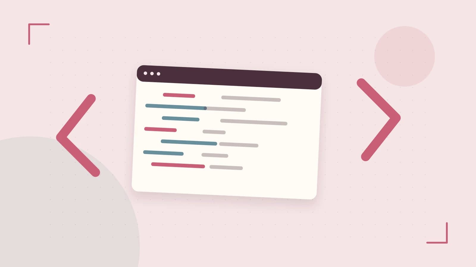 Editorial illustration of an abstract code editor, syntax blocks and oversized programming brackets
