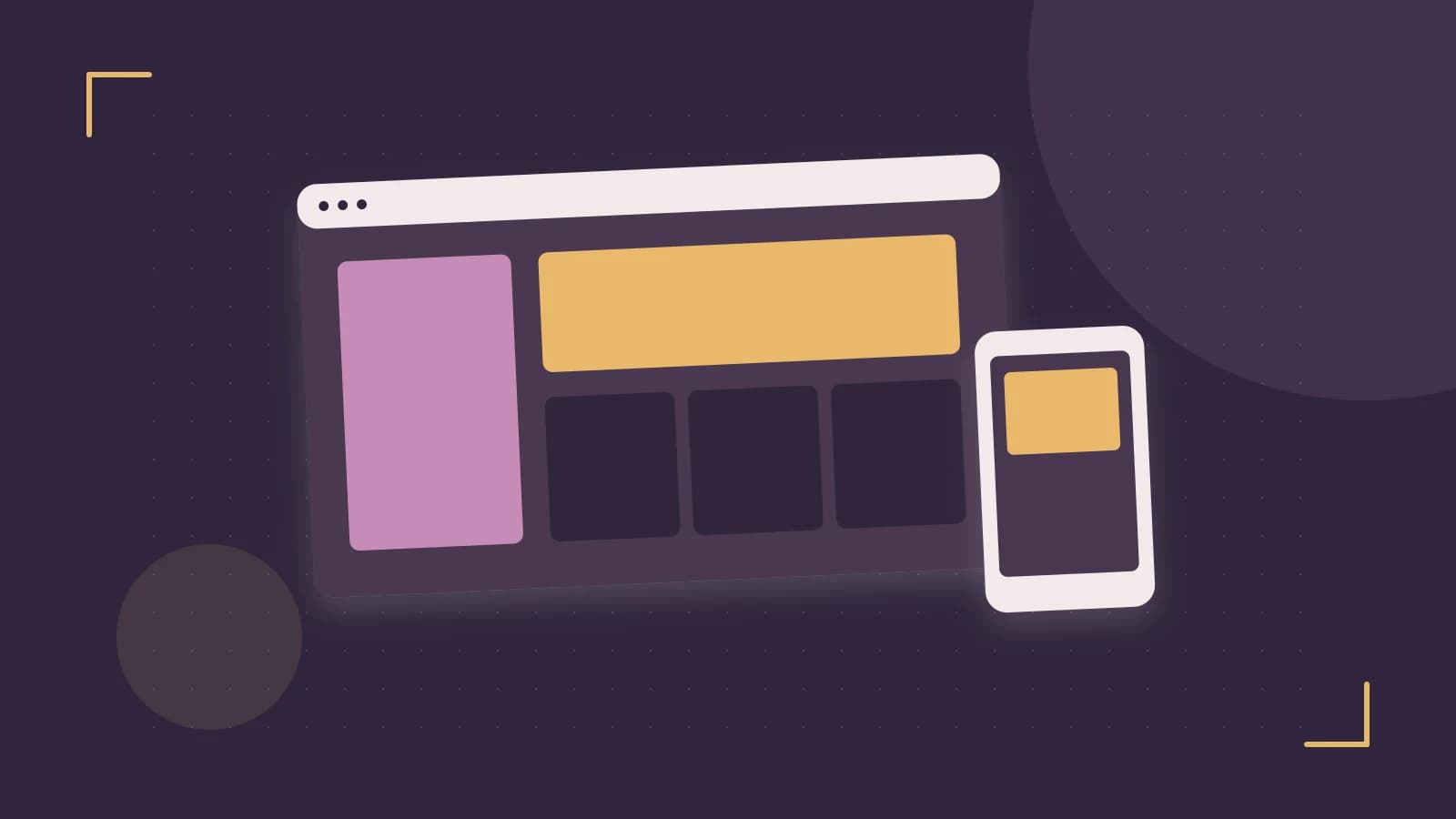 Editorial illustration of responsive browser layouts, overlapping design components and a color system