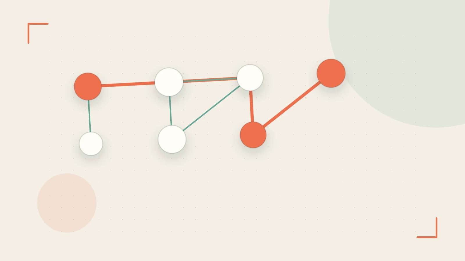 Editorial illustration of an algorithmic node graph with branching paths and a highlighted result