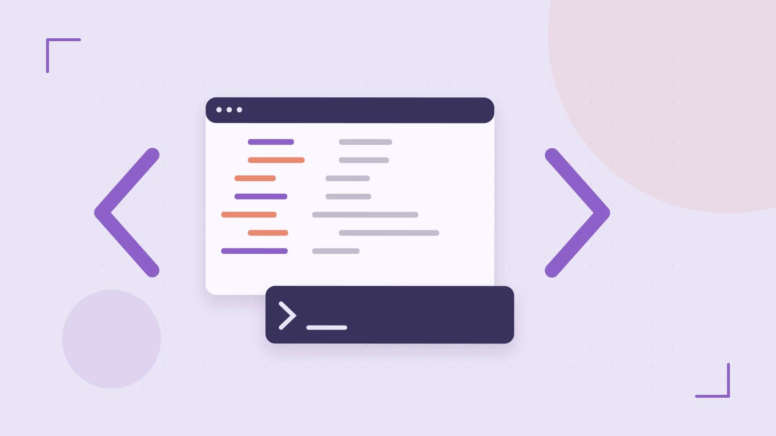 Editorial illustration of an abstract code editor, syntax blocks and oversized programming brackets