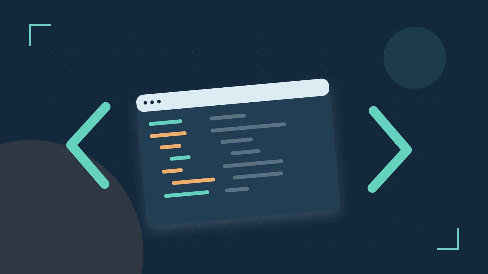Editorial illustration of an abstract code editor, syntax blocks and oversized programming brackets