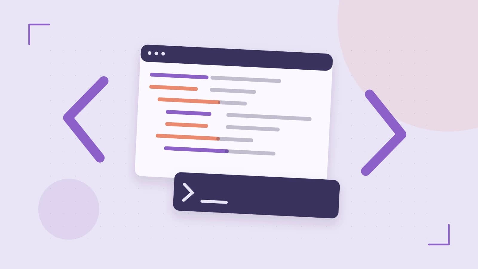Editorial illustration of an abstract code editor, syntax blocks and oversized programming brackets