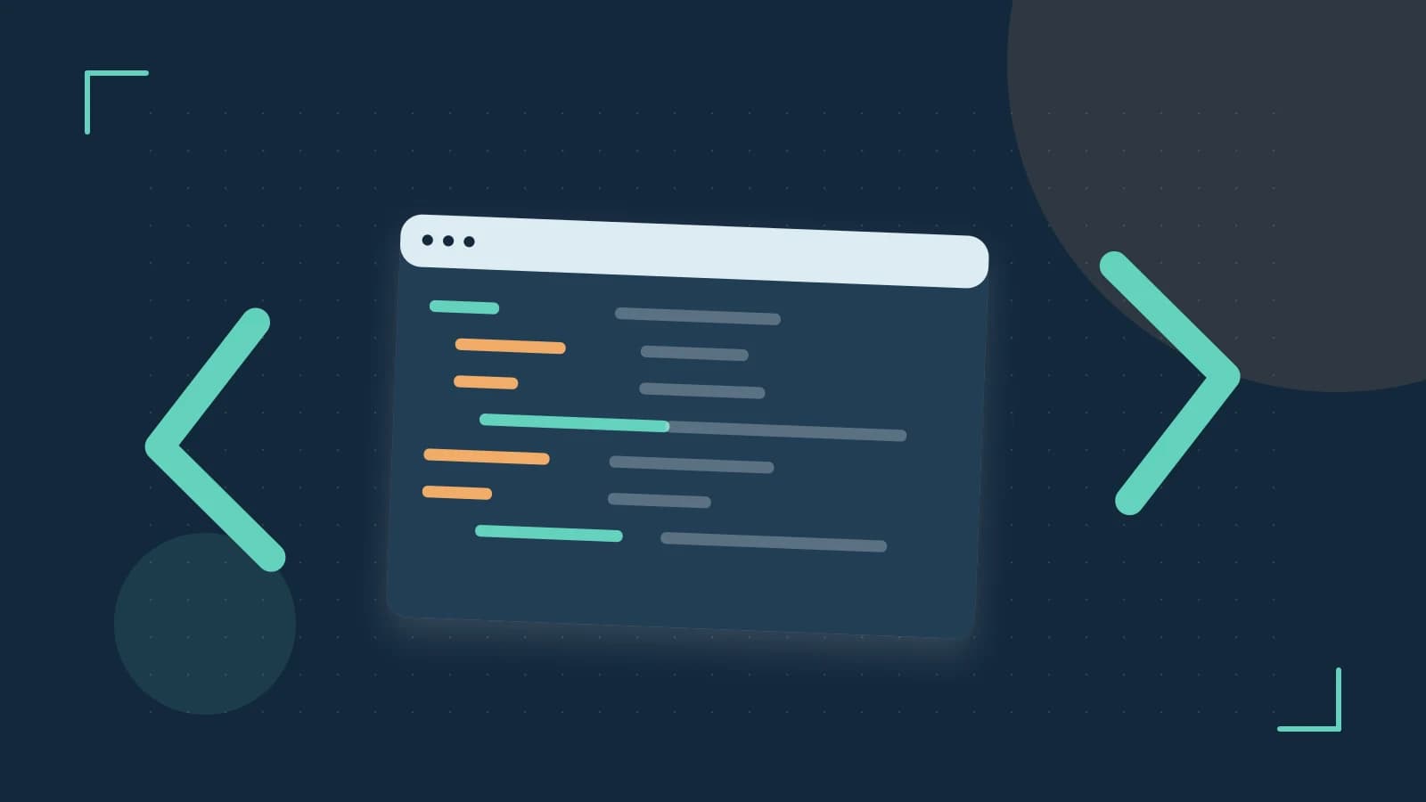 Editorial illustration of an abstract code editor, syntax blocks and oversized programming brackets