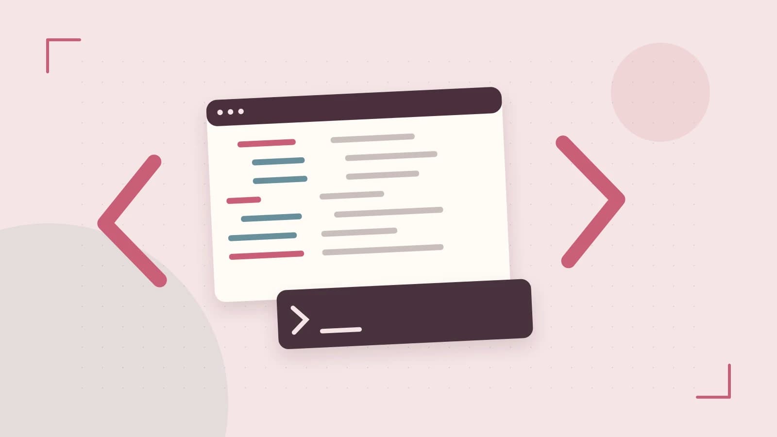 Editorial illustration of an abstract code editor, syntax blocks and oversized programming brackets