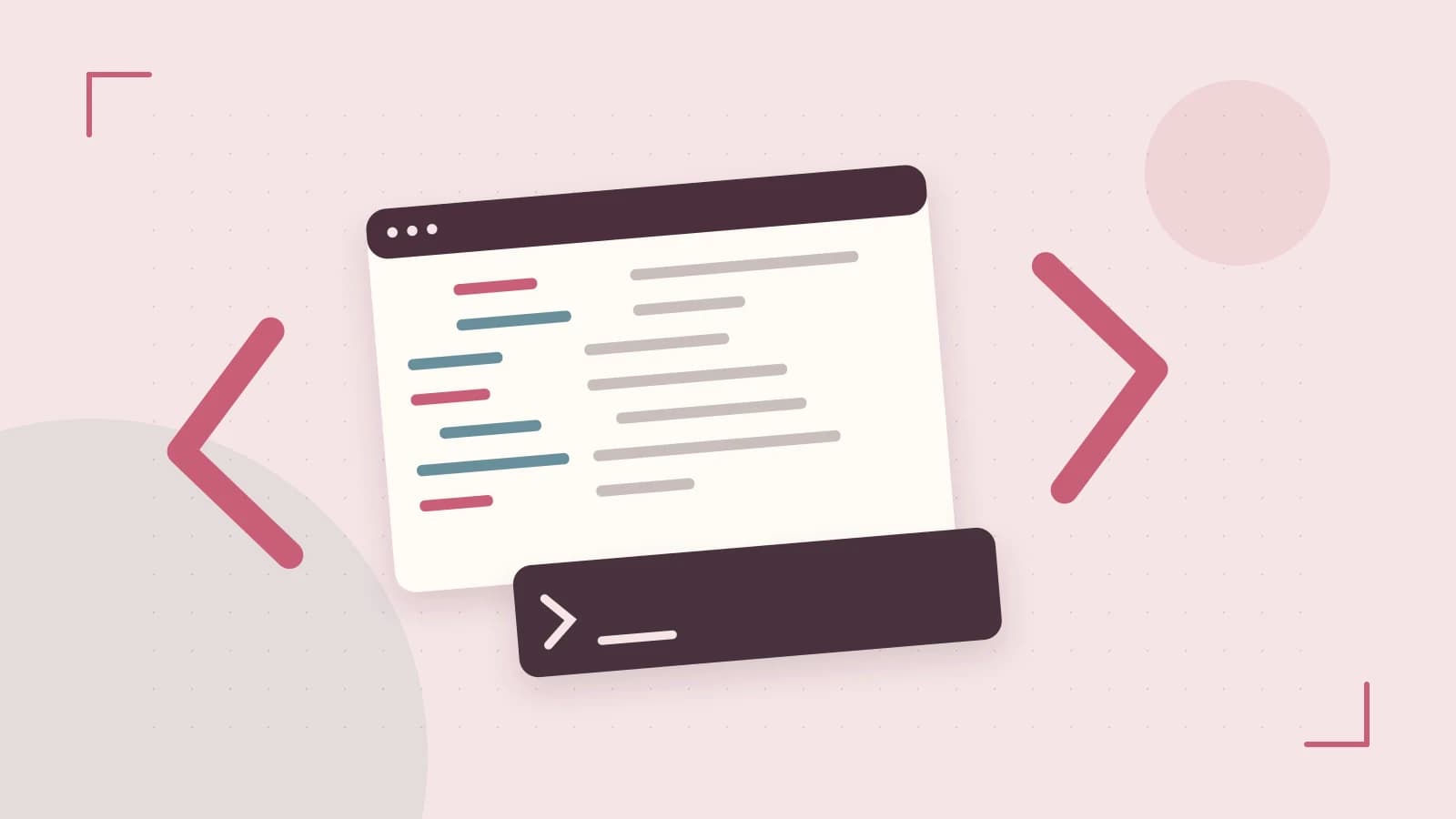 Editorial illustration of an abstract code editor, syntax blocks and oversized programming brackets