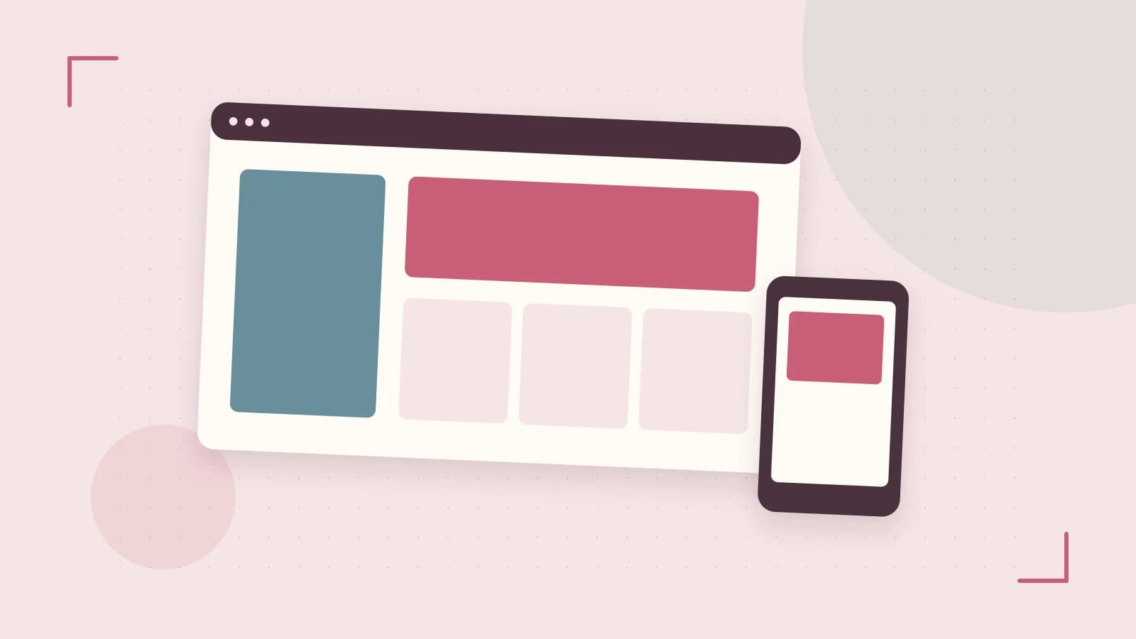Editorial illustration of responsive browser layouts, overlapping design components and a color system