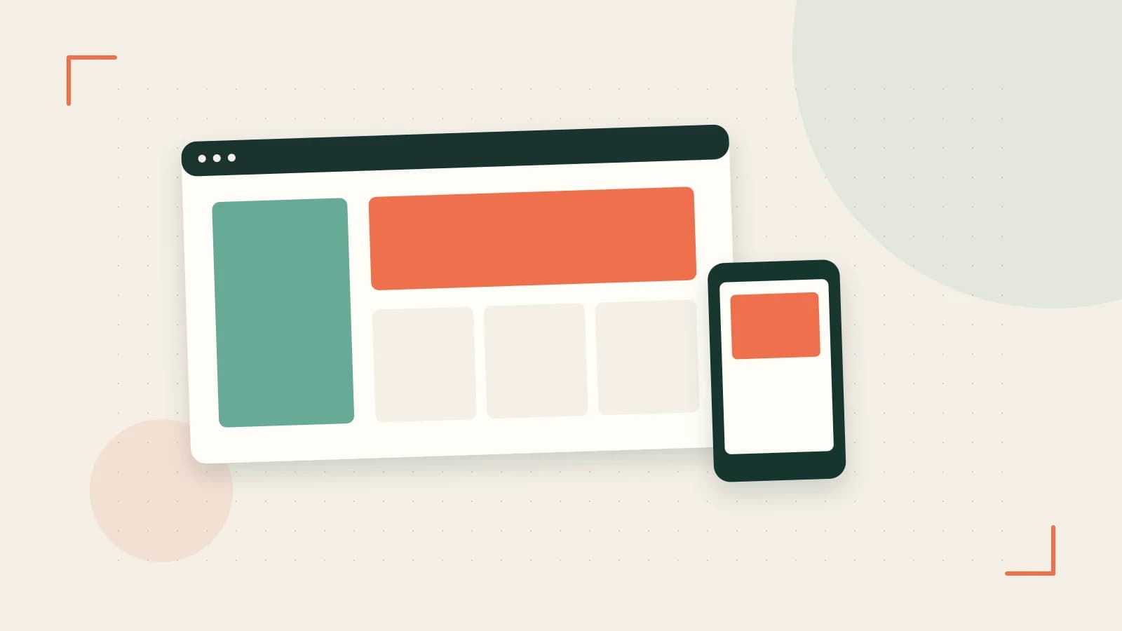Editorial illustration of responsive browser layouts, overlapping design components and a color system
