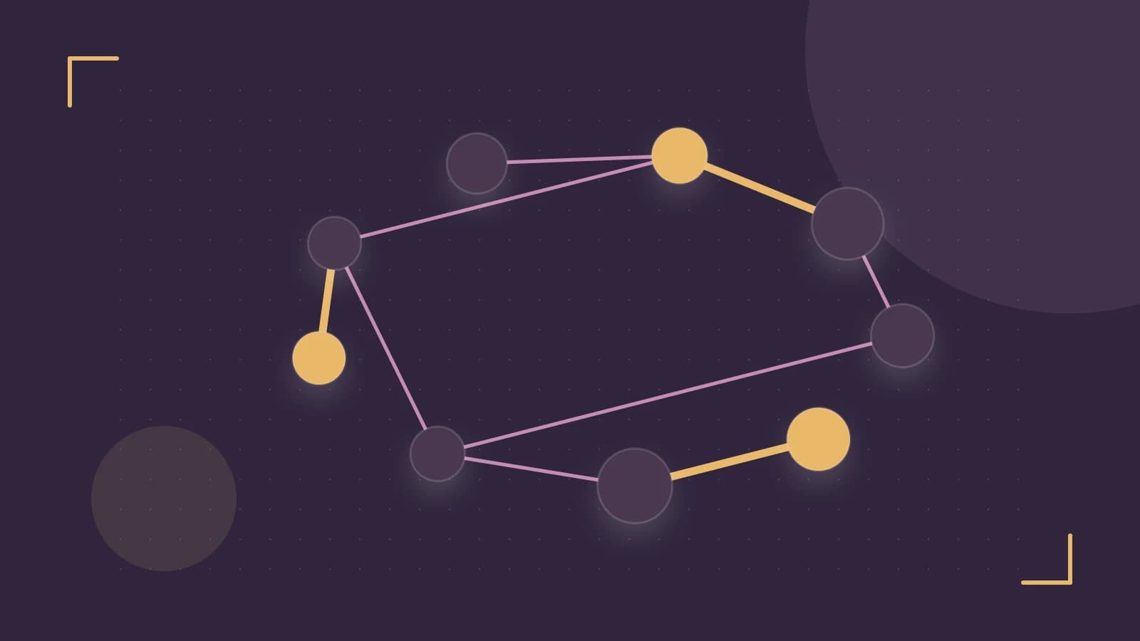 Editorial illustration of an algorithmic node graph with branching paths and a highlighted result