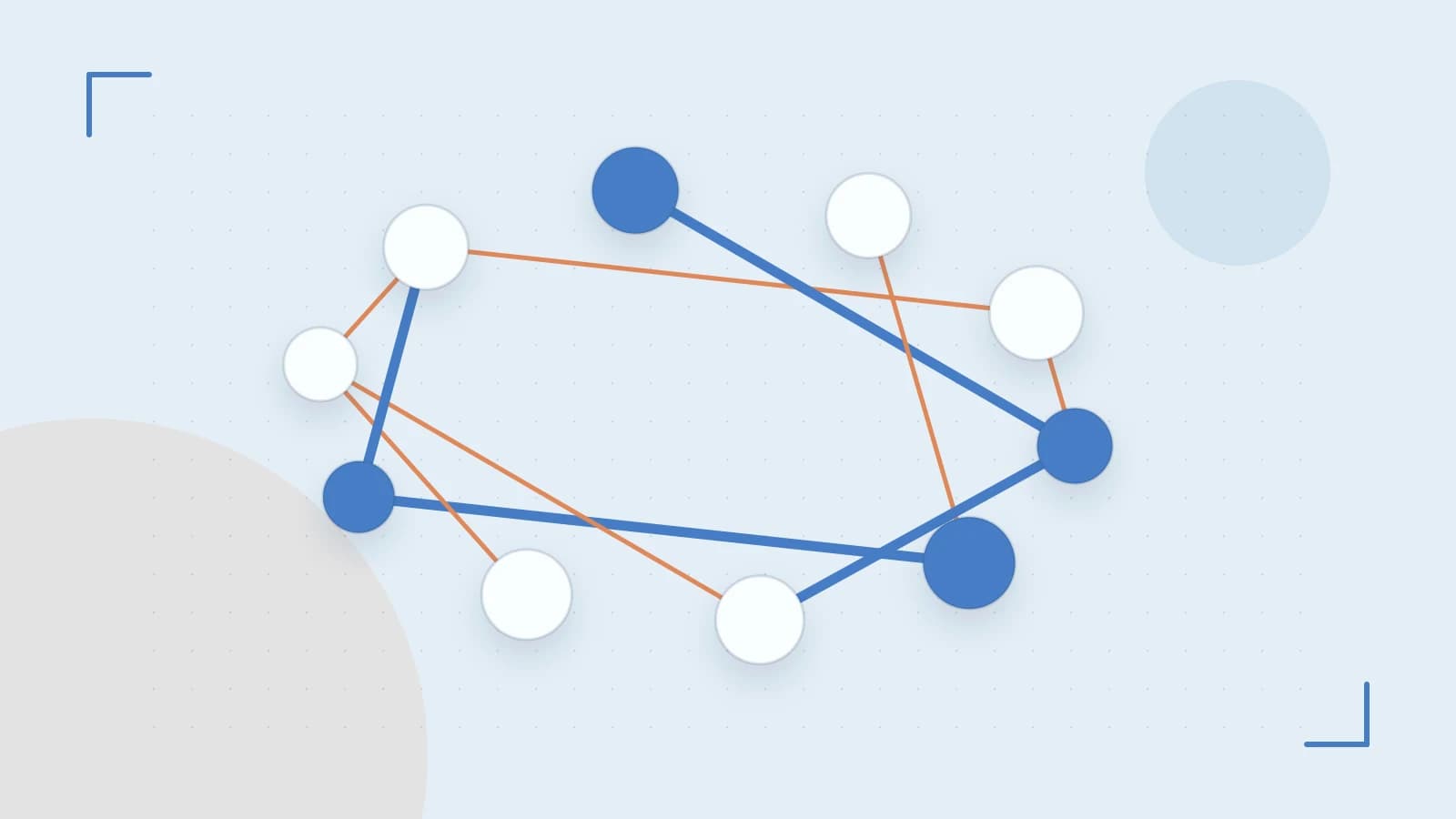 Editorial illustration of an algorithmic node graph with branching paths and a highlighted result