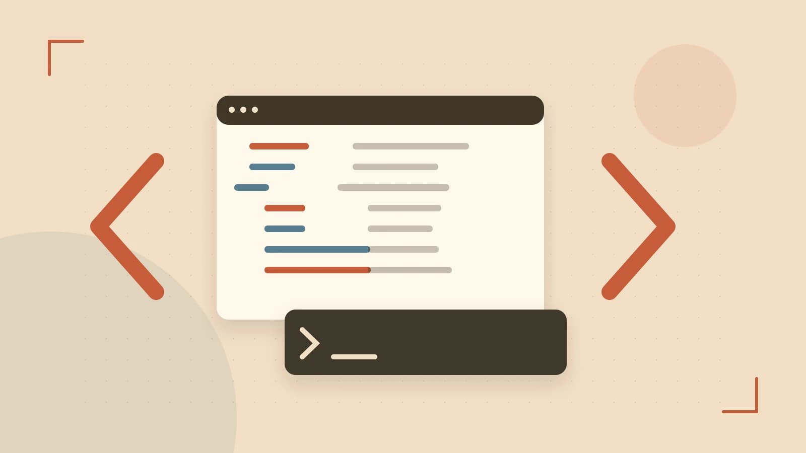 Editorial illustration of an abstract code editor, syntax blocks and oversized programming brackets