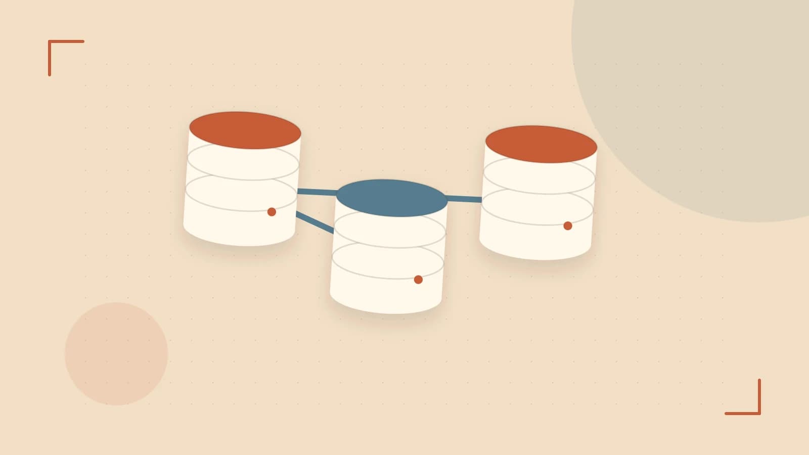 Editorial illustration of structured records, database cylinders and relationships between tables