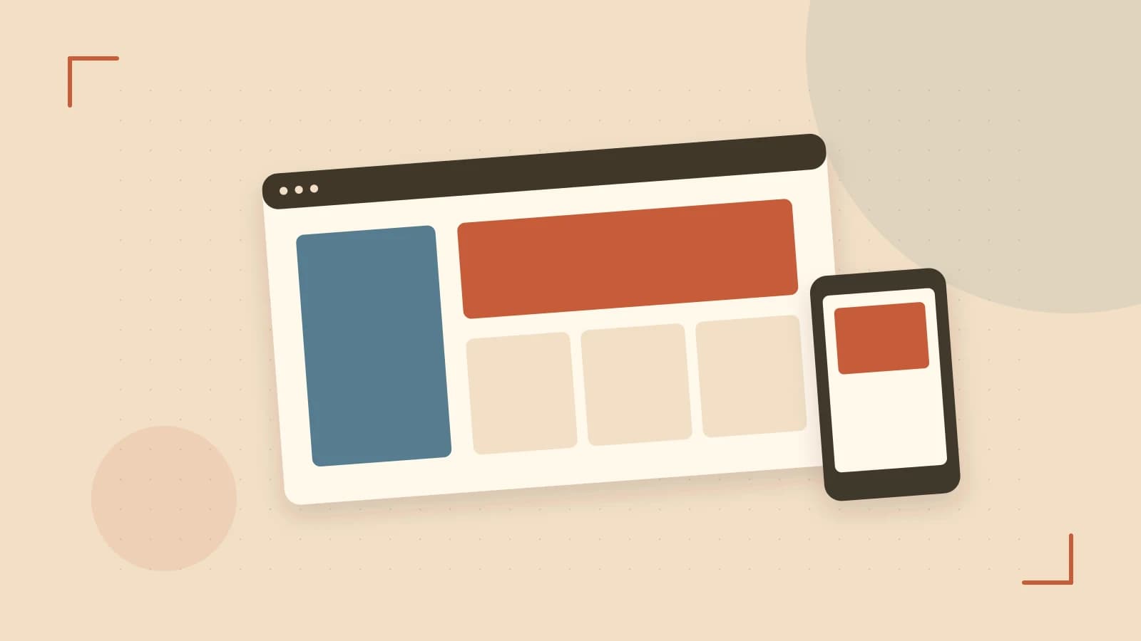 Editorial illustration of responsive browser layouts, overlapping design components and a color system