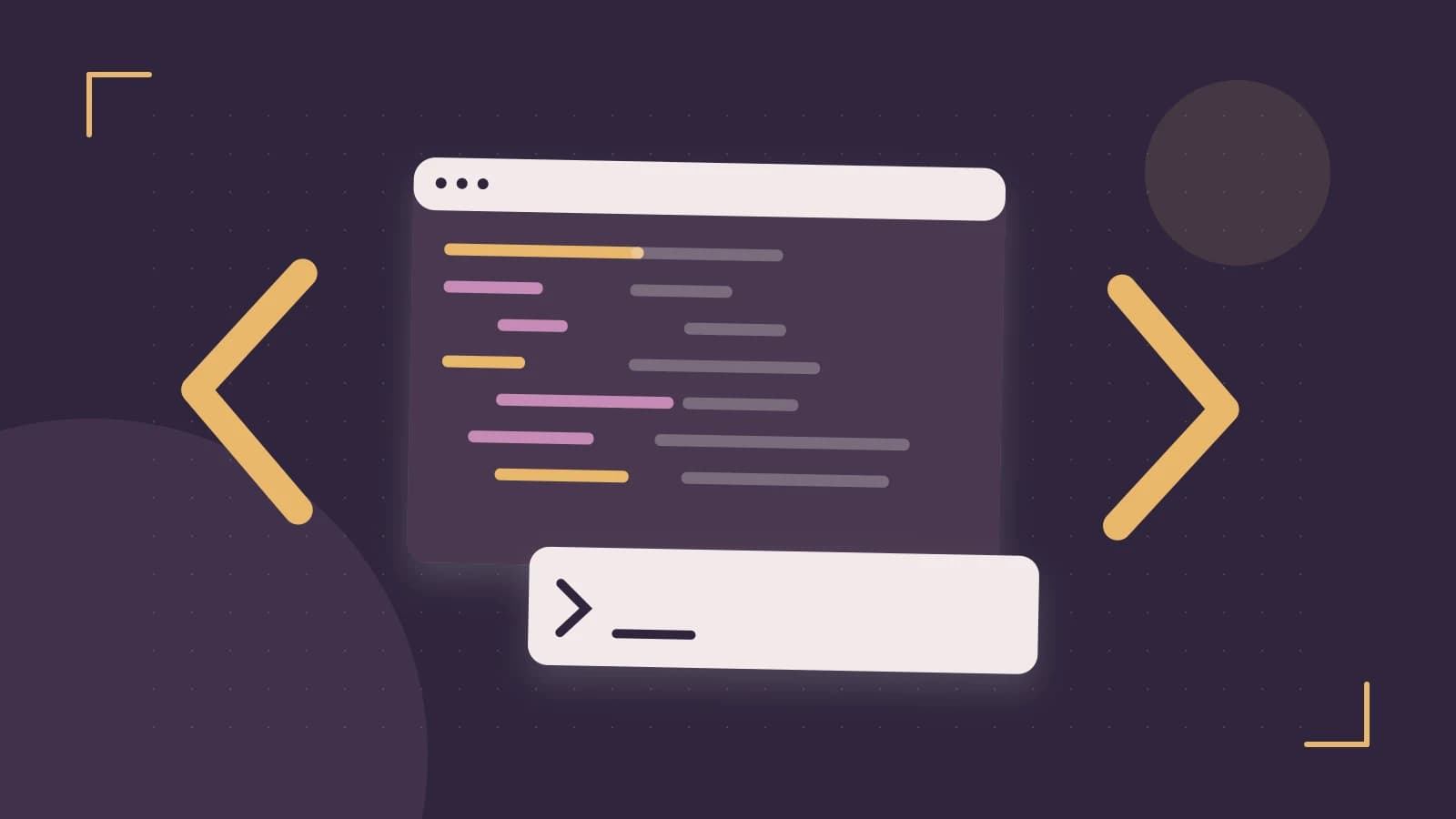 Editorial illustration of an abstract code editor, syntax blocks and oversized programming brackets