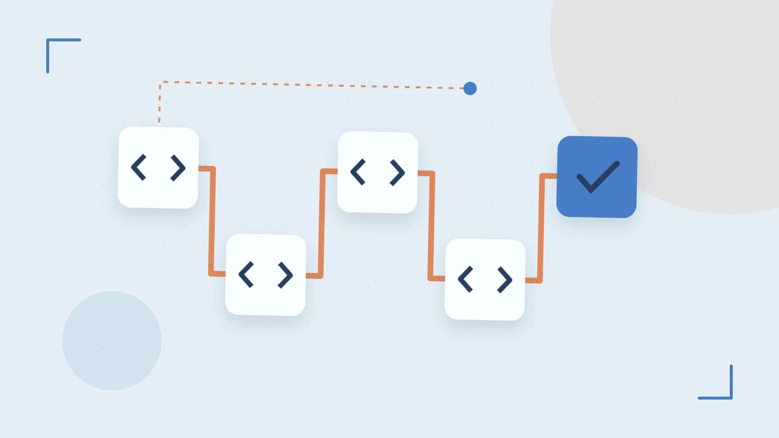 Editorial illustration of a branching build pipeline, staged transformations and a completed check