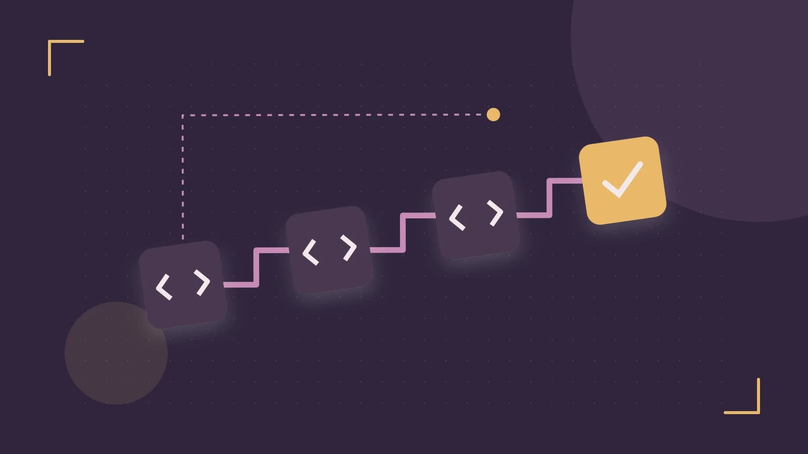 Editorial illustration of a branching build pipeline, staged transformations and a completed check