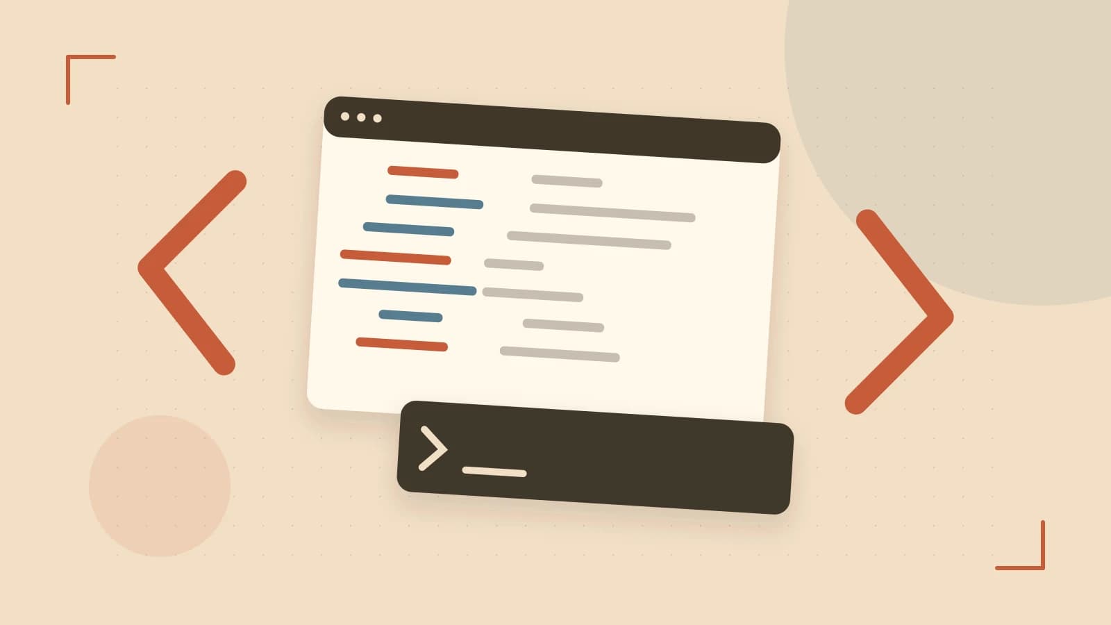 Editorial illustration of an abstract code editor, syntax blocks and oversized programming brackets