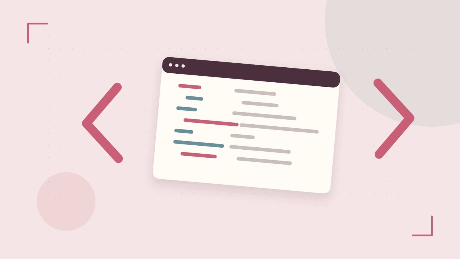 Editorial illustration of an abstract code editor, syntax blocks and oversized programming brackets