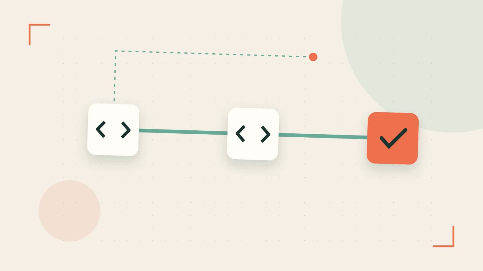 Editorial illustration of a branching build pipeline, staged transformations and a completed check
