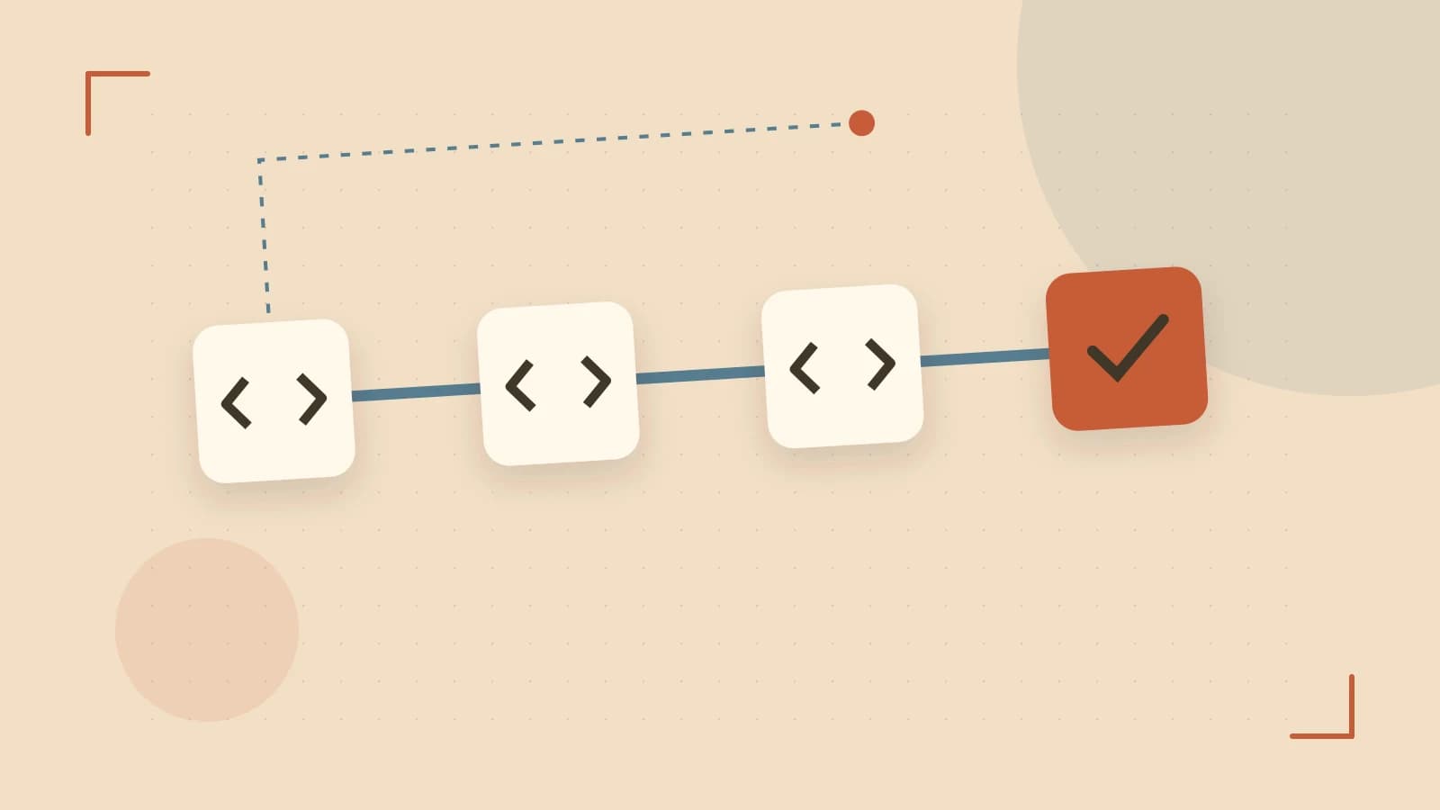 Editorial illustration of a branching build pipeline, staged transformations and a completed check