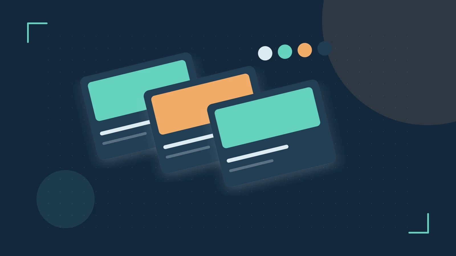 Editorial illustration of responsive browser layouts, overlapping design components and a color system