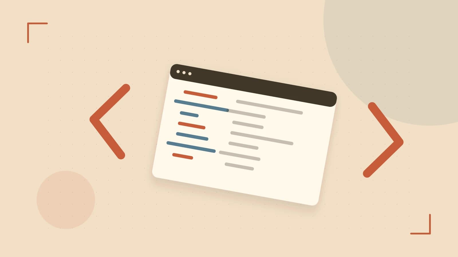 Editorial illustration of an abstract code editor, syntax blocks and oversized programming brackets
