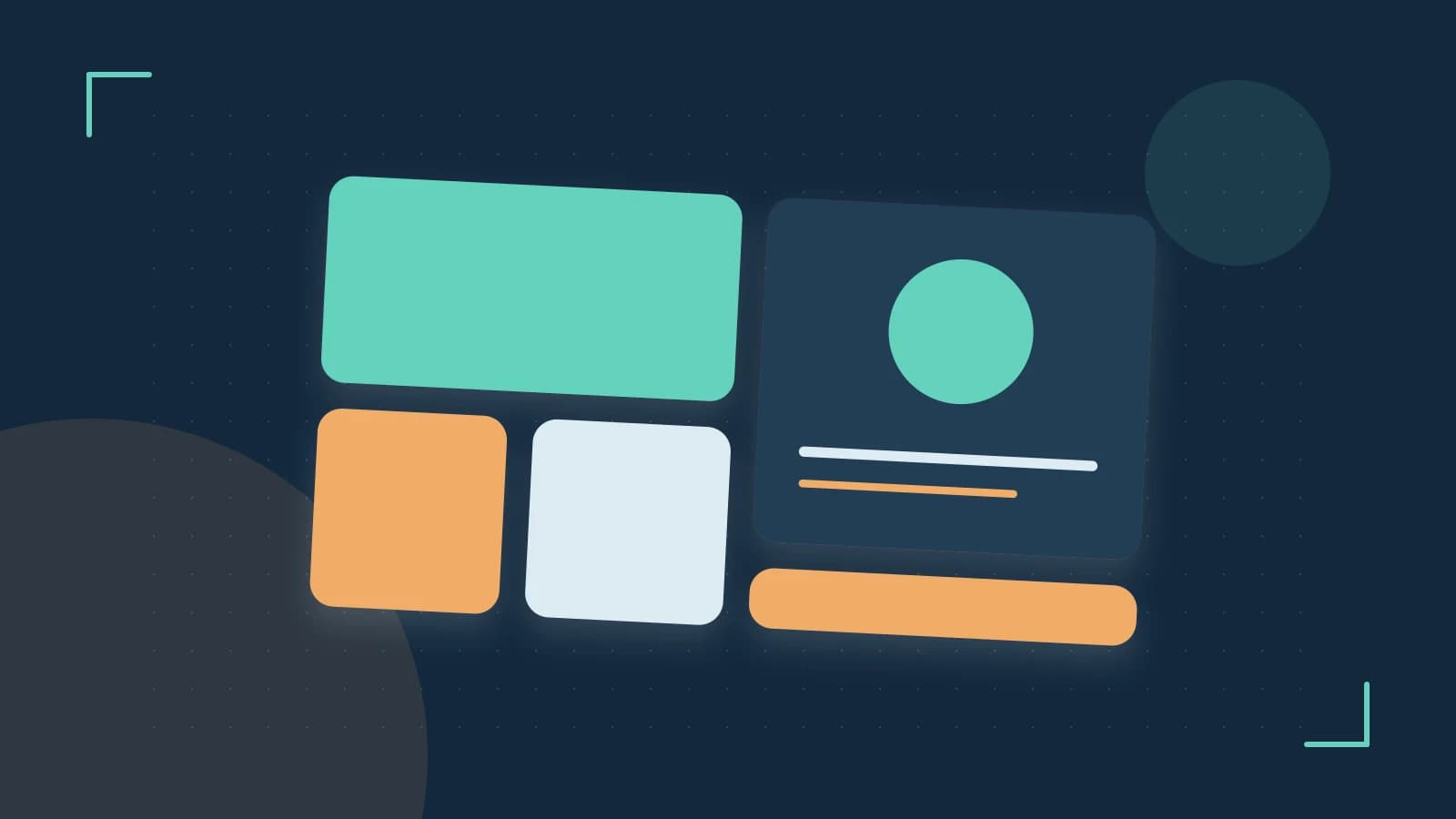 Editorial illustration of responsive browser layouts, overlapping design components and a color system