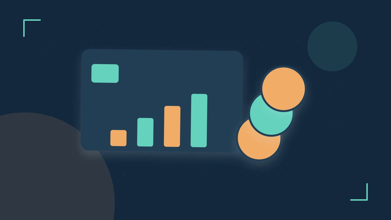 Editorial illustration of abstract coins, a payment card and a geometric financial chart without data labels