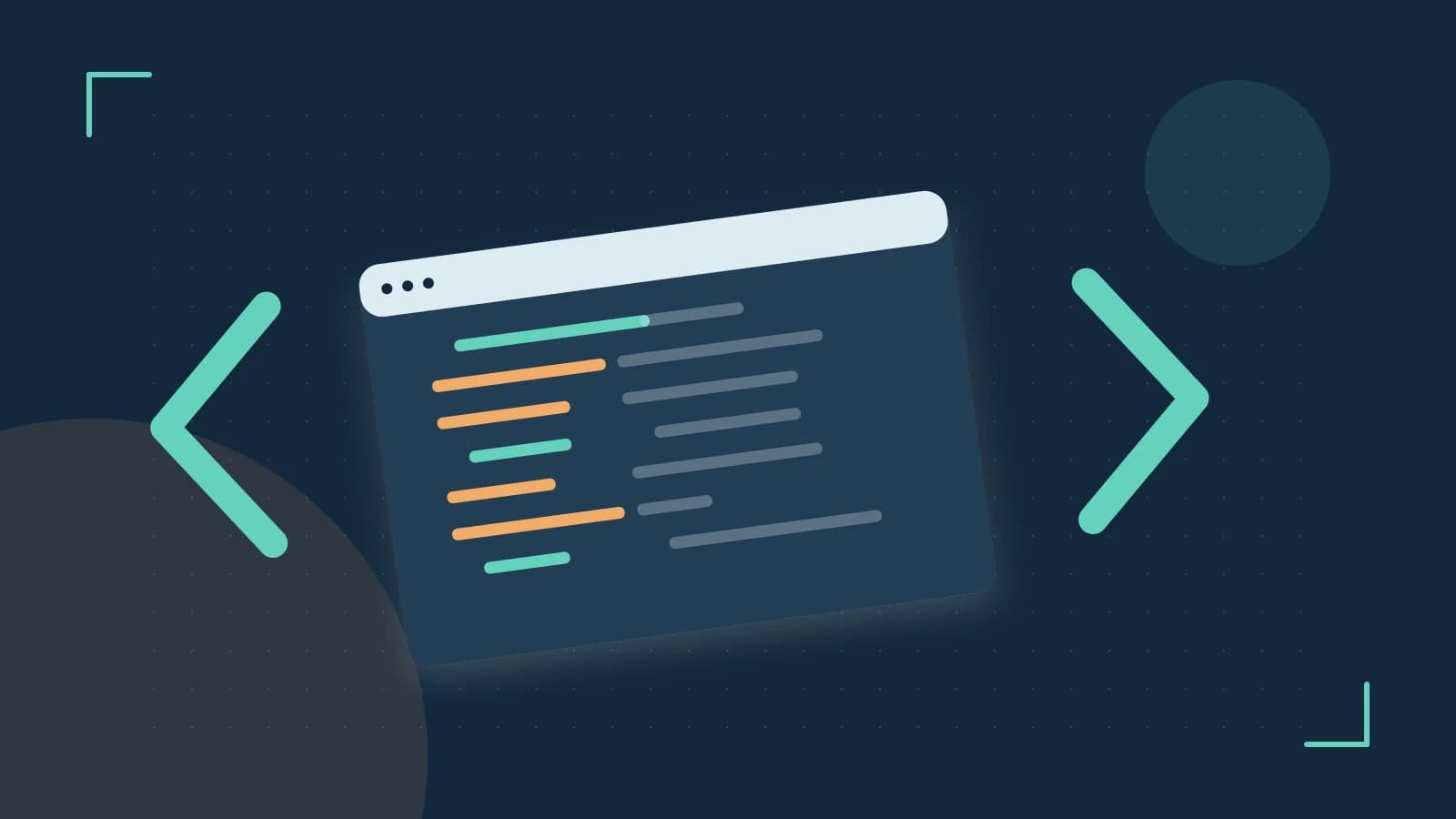 Editorial illustration of an abstract code editor, syntax blocks and oversized programming brackets