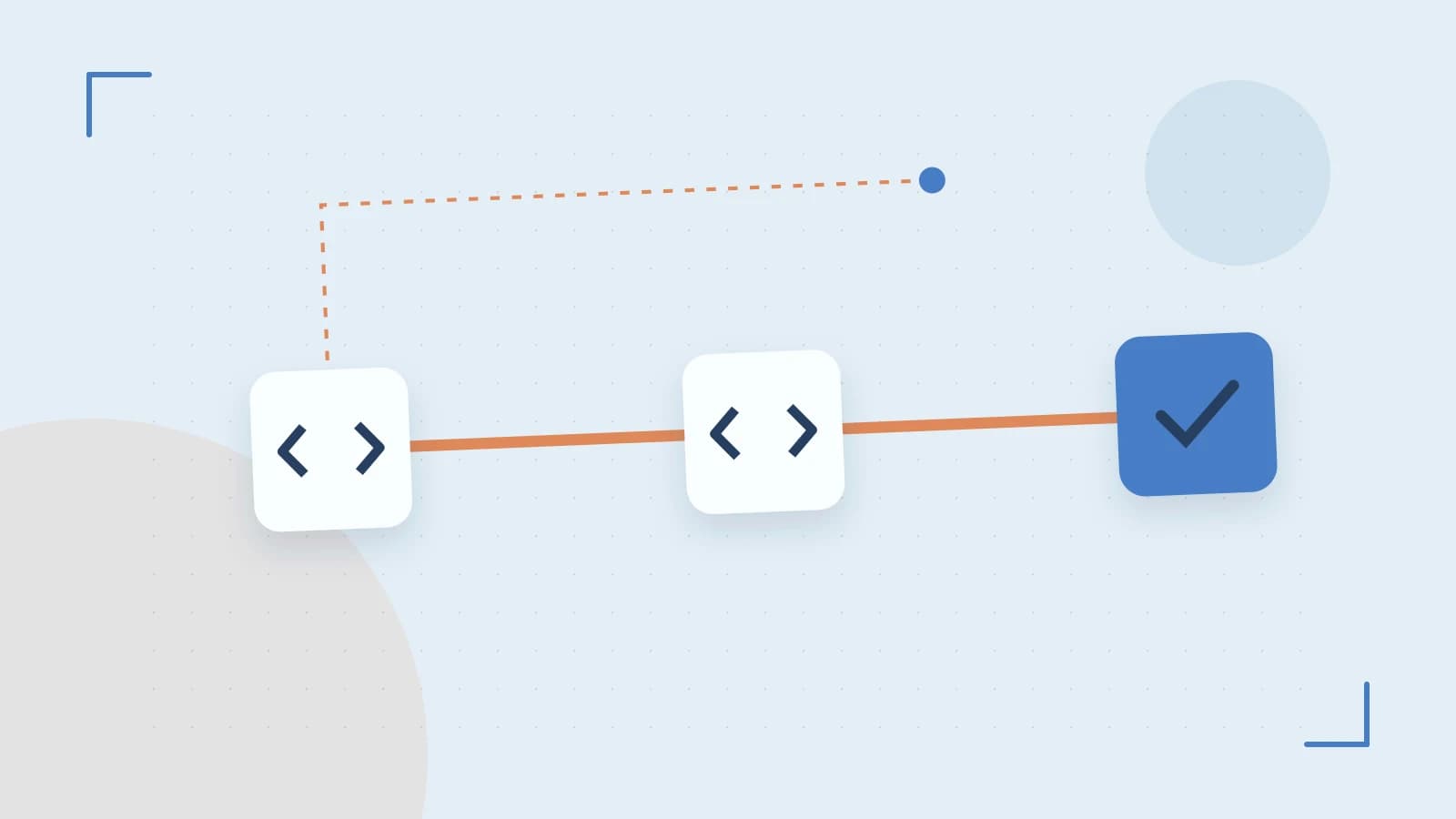 Editorial illustration of a branching build pipeline, staged transformations and a completed check