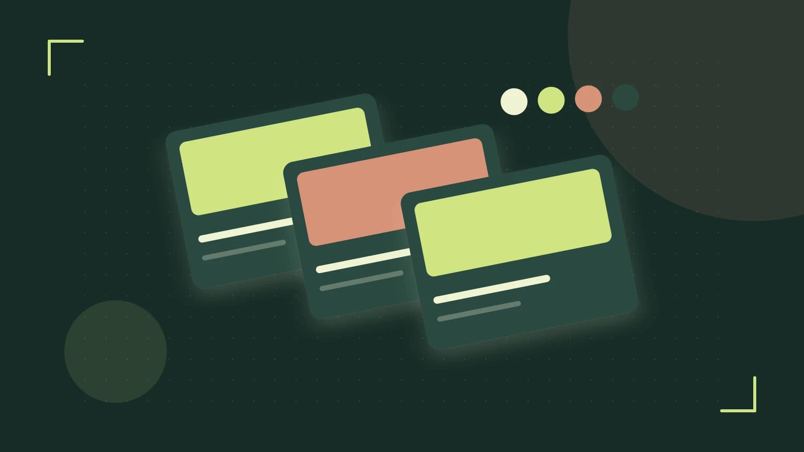 Editorial illustration of responsive browser layouts, overlapping design components and a color system