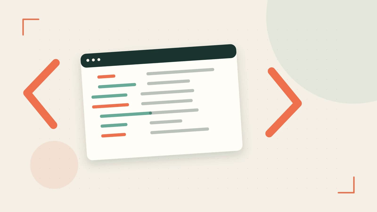 Editorial illustration of an abstract code editor, syntax blocks and oversized programming brackets