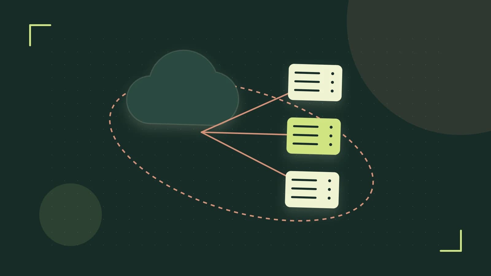 Editorial illustration of cloud infrastructure, connected server racks and an orbital service map