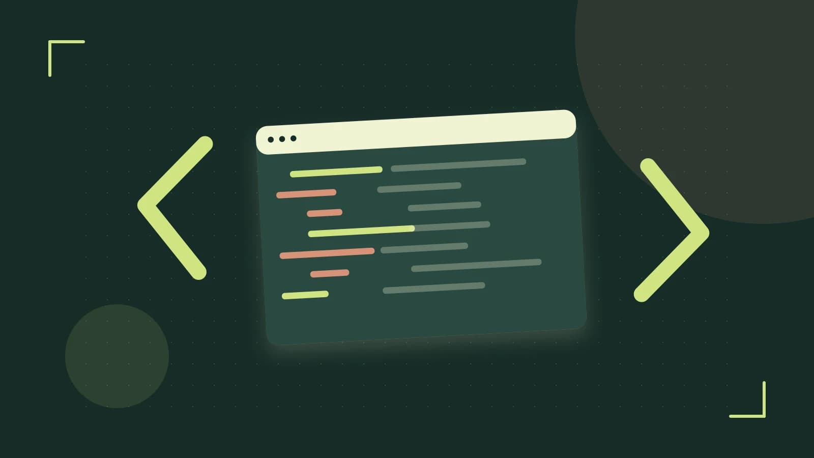 Editorial illustration of an abstract code editor, syntax blocks and oversized programming brackets