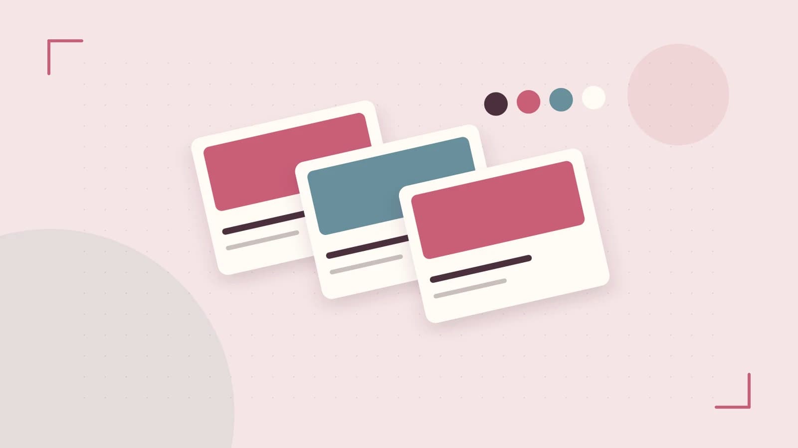 Editorial illustration of responsive browser layouts, overlapping design components and a color system