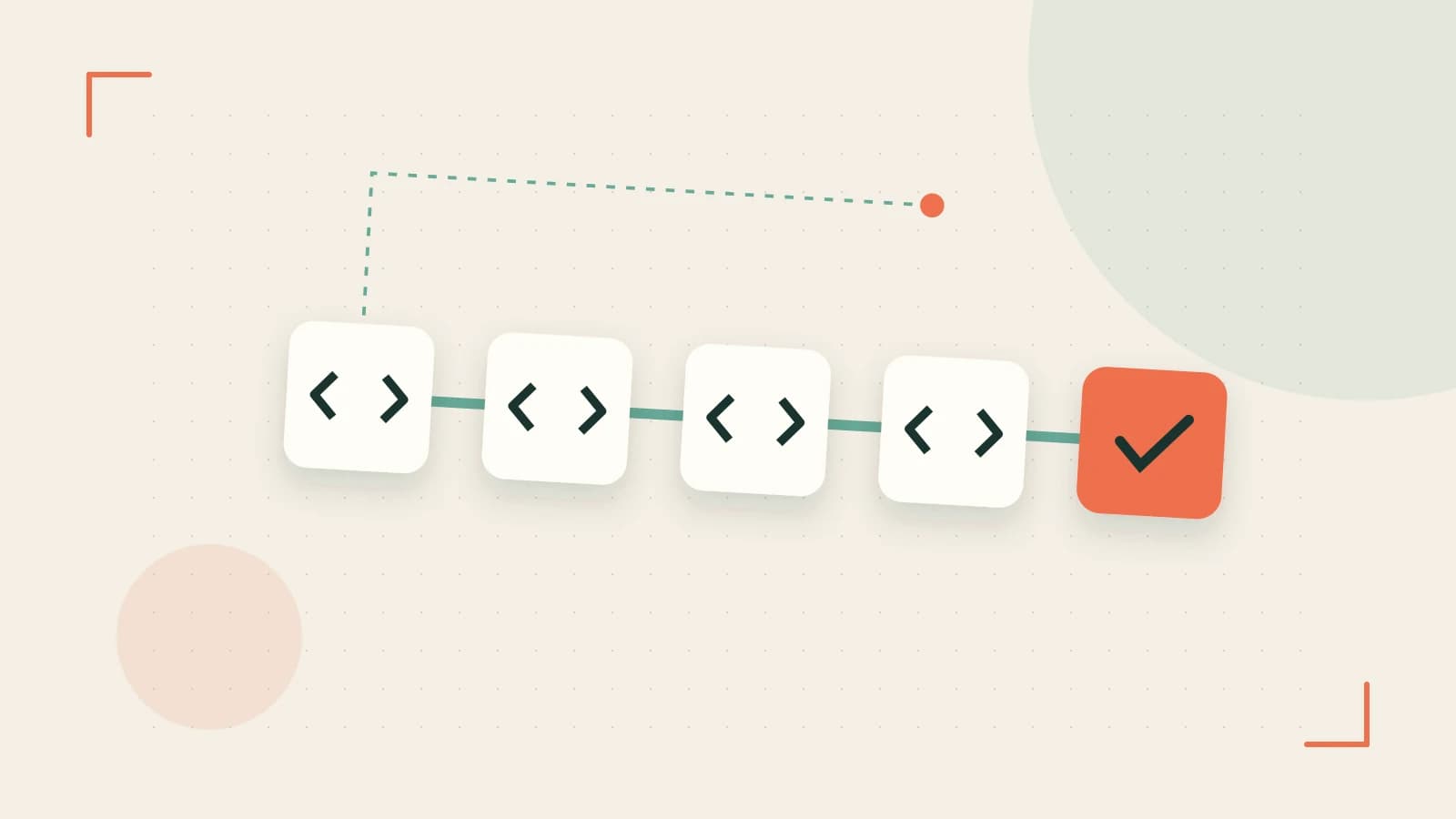 Editorial illustration of a branching build pipeline, staged transformations and a completed check