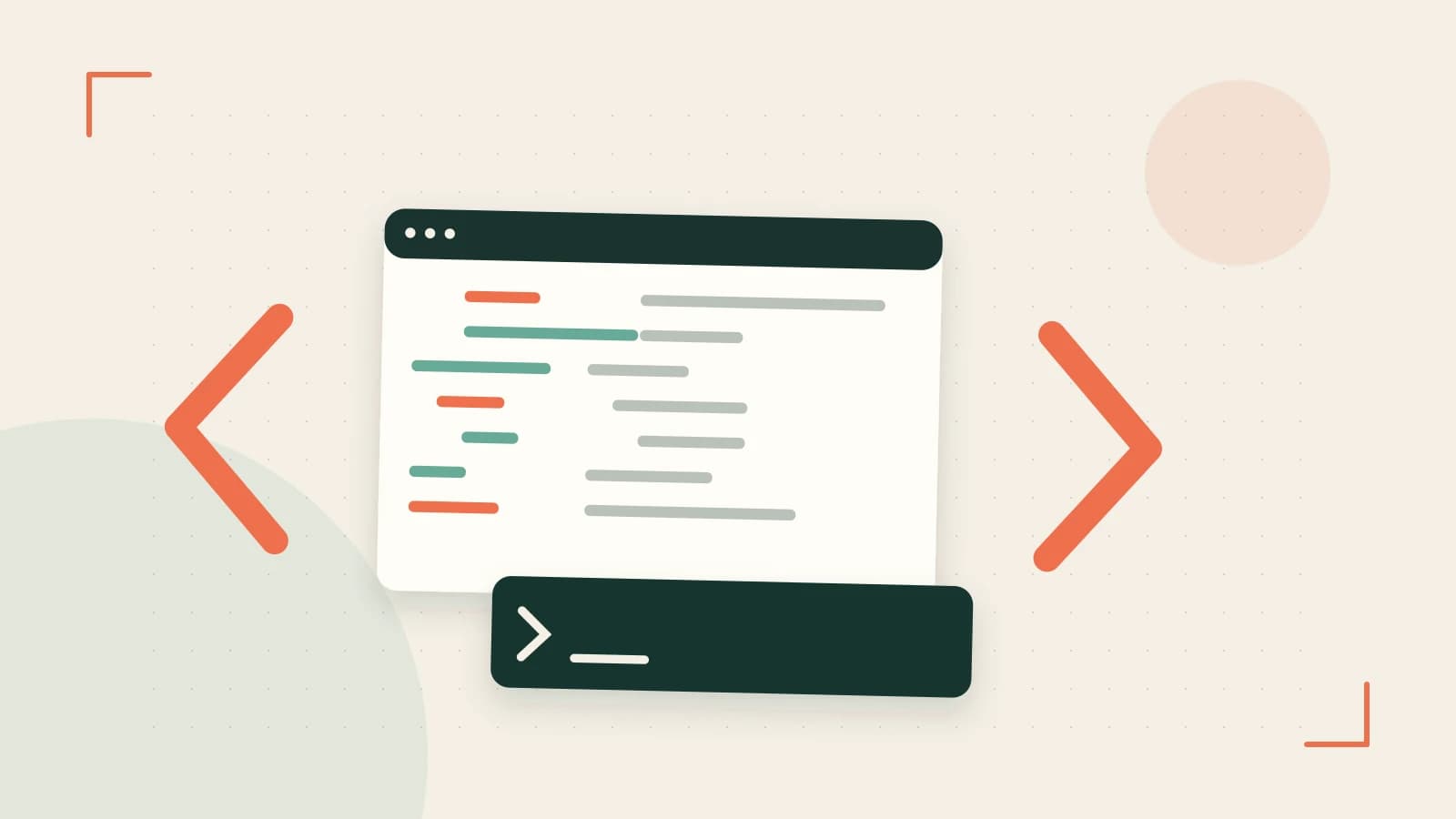 Editorial illustration of an abstract code editor, syntax blocks and oversized programming brackets