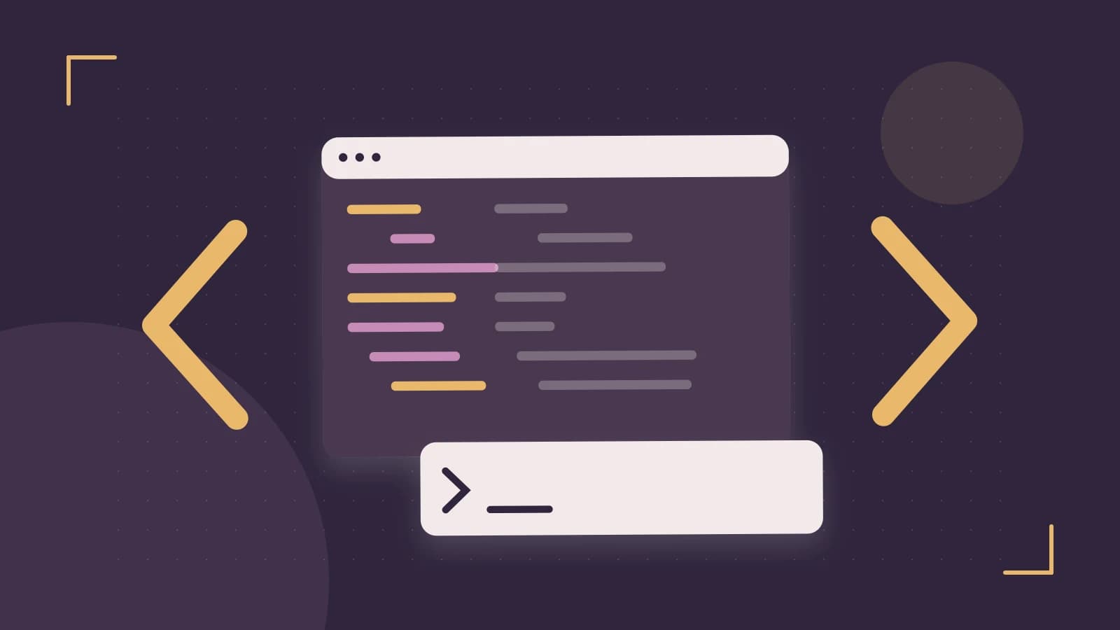 Editorial illustration of an abstract code editor, syntax blocks and oversized programming brackets