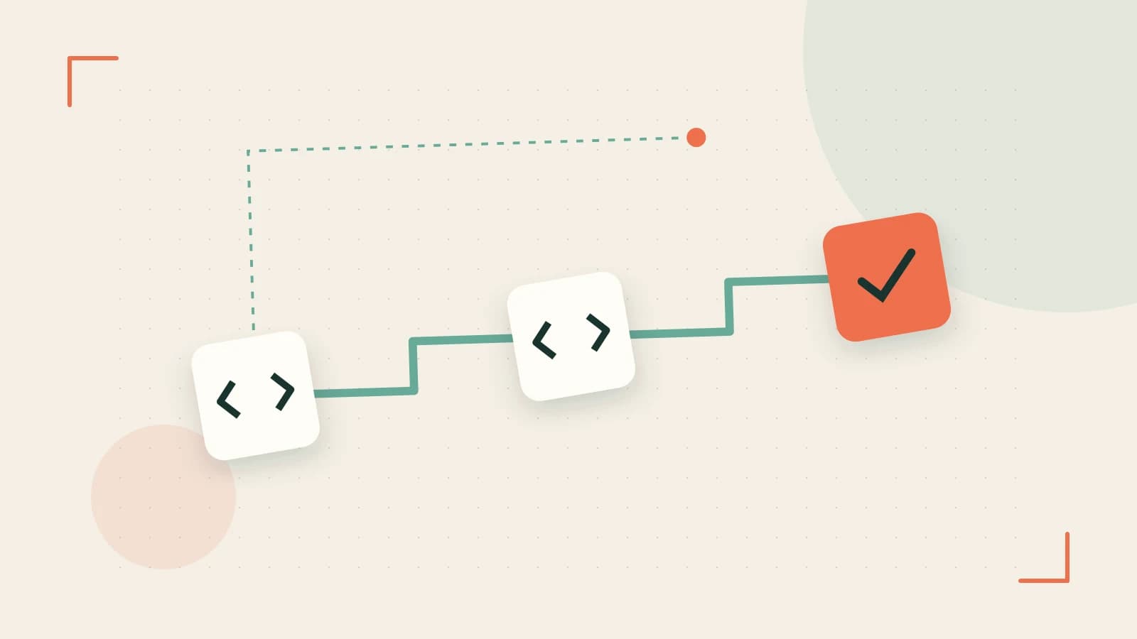 Editorial illustration of a branching build pipeline, staged transformations and a completed check