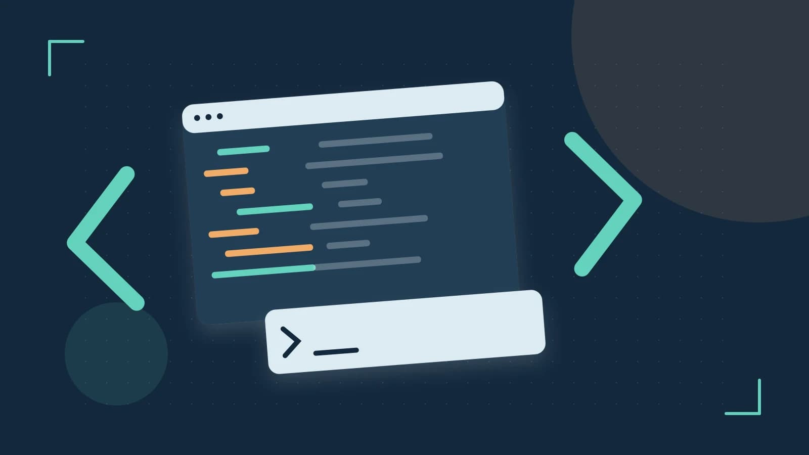 Editorial illustration of an abstract code editor, syntax blocks and oversized programming brackets
