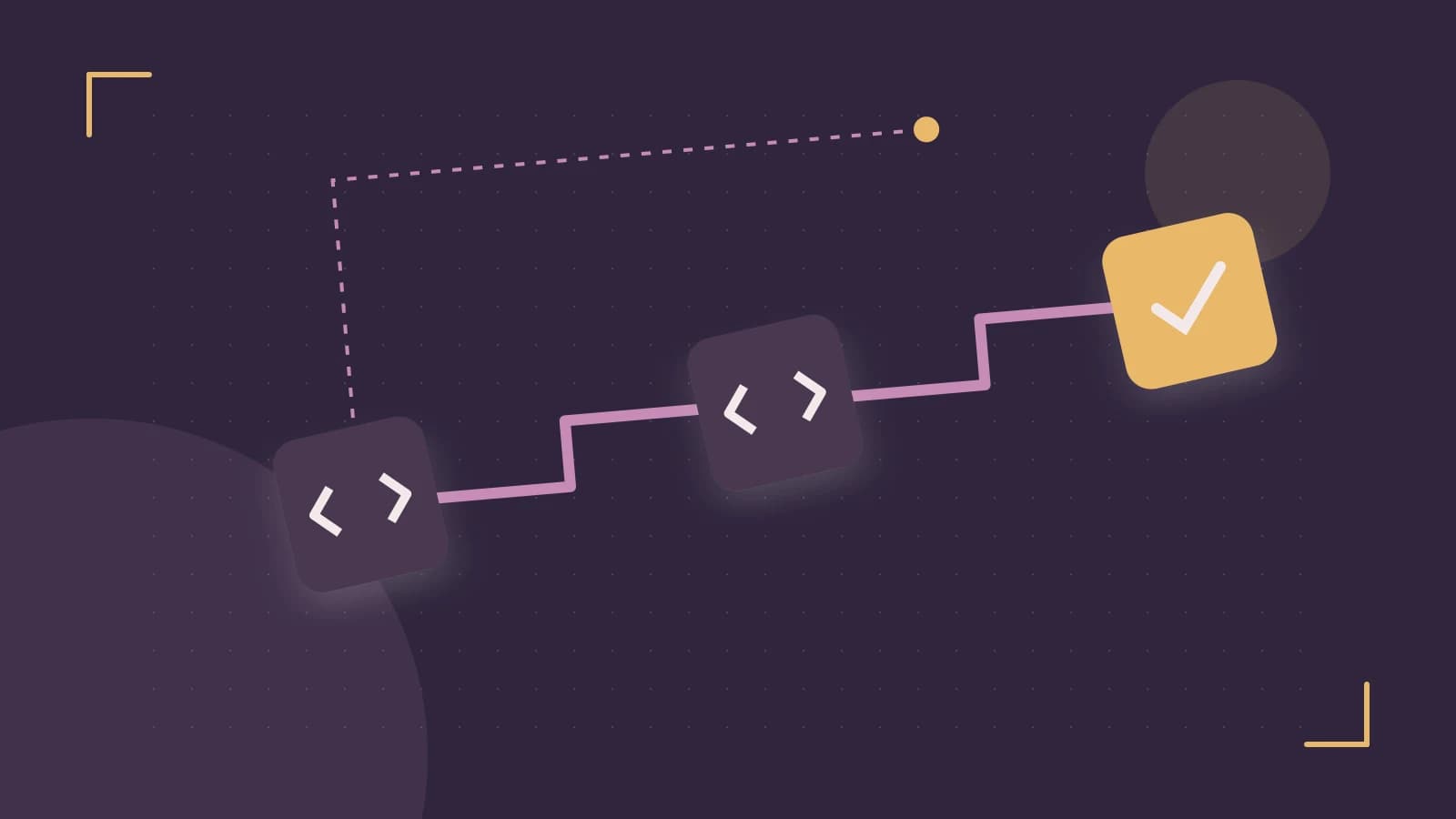 Editorial illustration of a branching build pipeline, staged transformations and a completed check