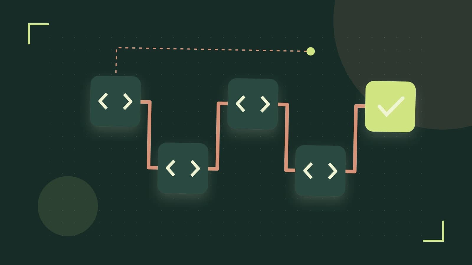 Editorial illustration of a branching build pipeline, staged transformations and a completed check