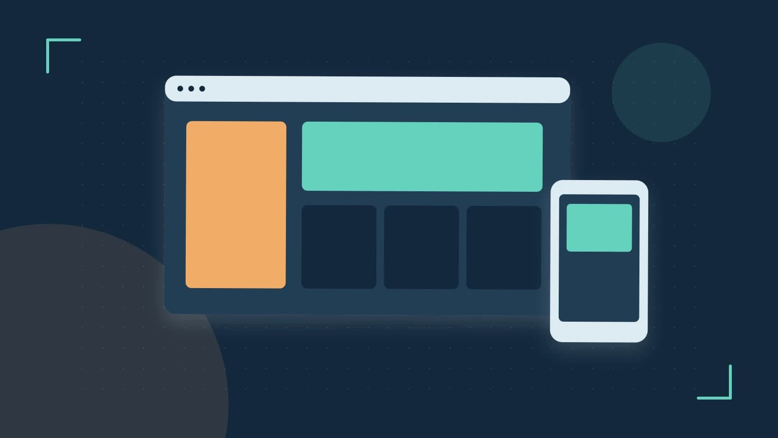 Editorial illustration of responsive browser layouts, overlapping design components and a color system