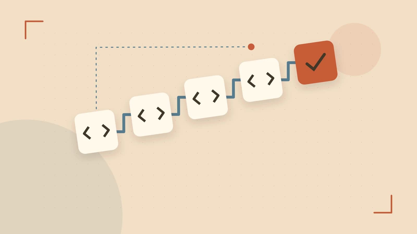 Editorial illustration of a branching build pipeline, staged transformations and a completed check