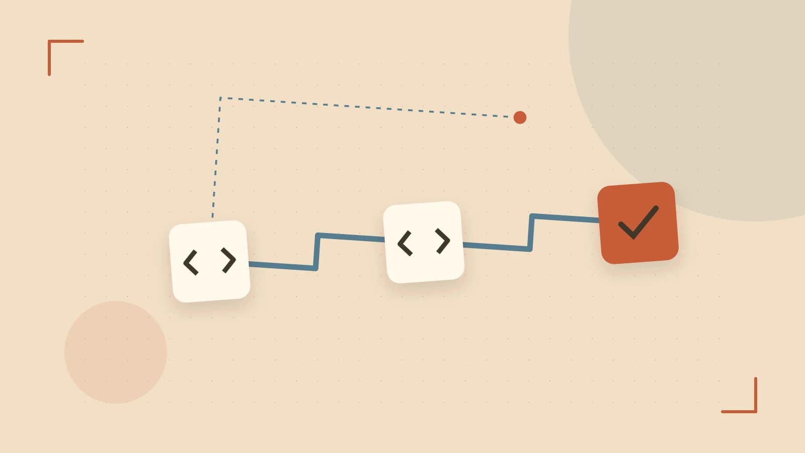 Editorial illustration of a branching build pipeline, staged transformations and a completed check