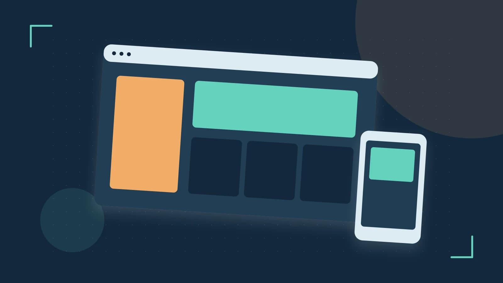 Editorial illustration of responsive browser layouts, overlapping design components and a color system