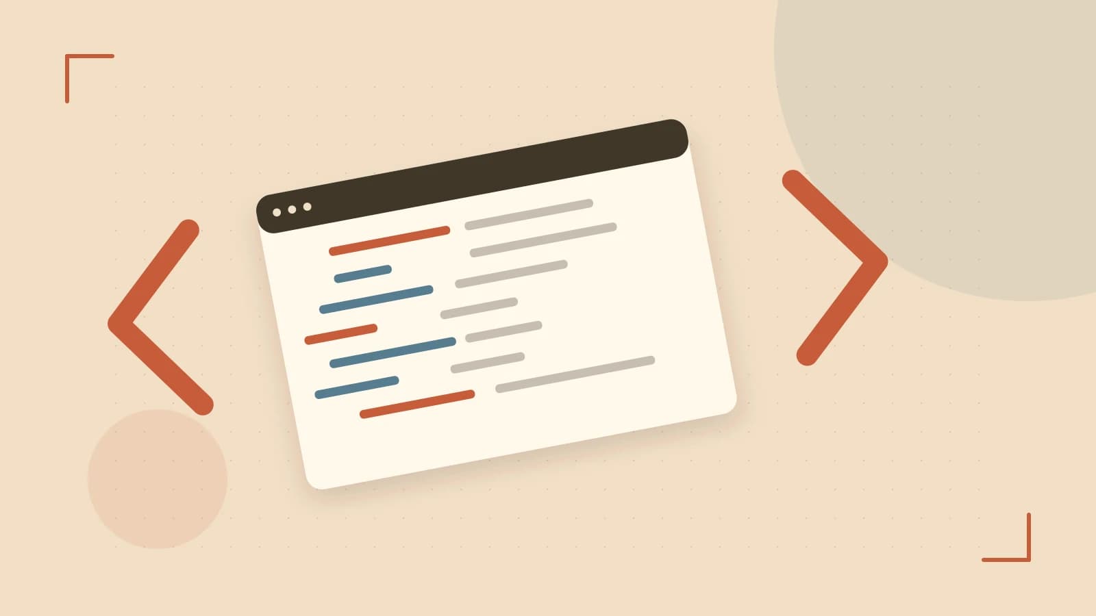 Editorial illustration of an abstract code editor, syntax blocks and oversized programming brackets