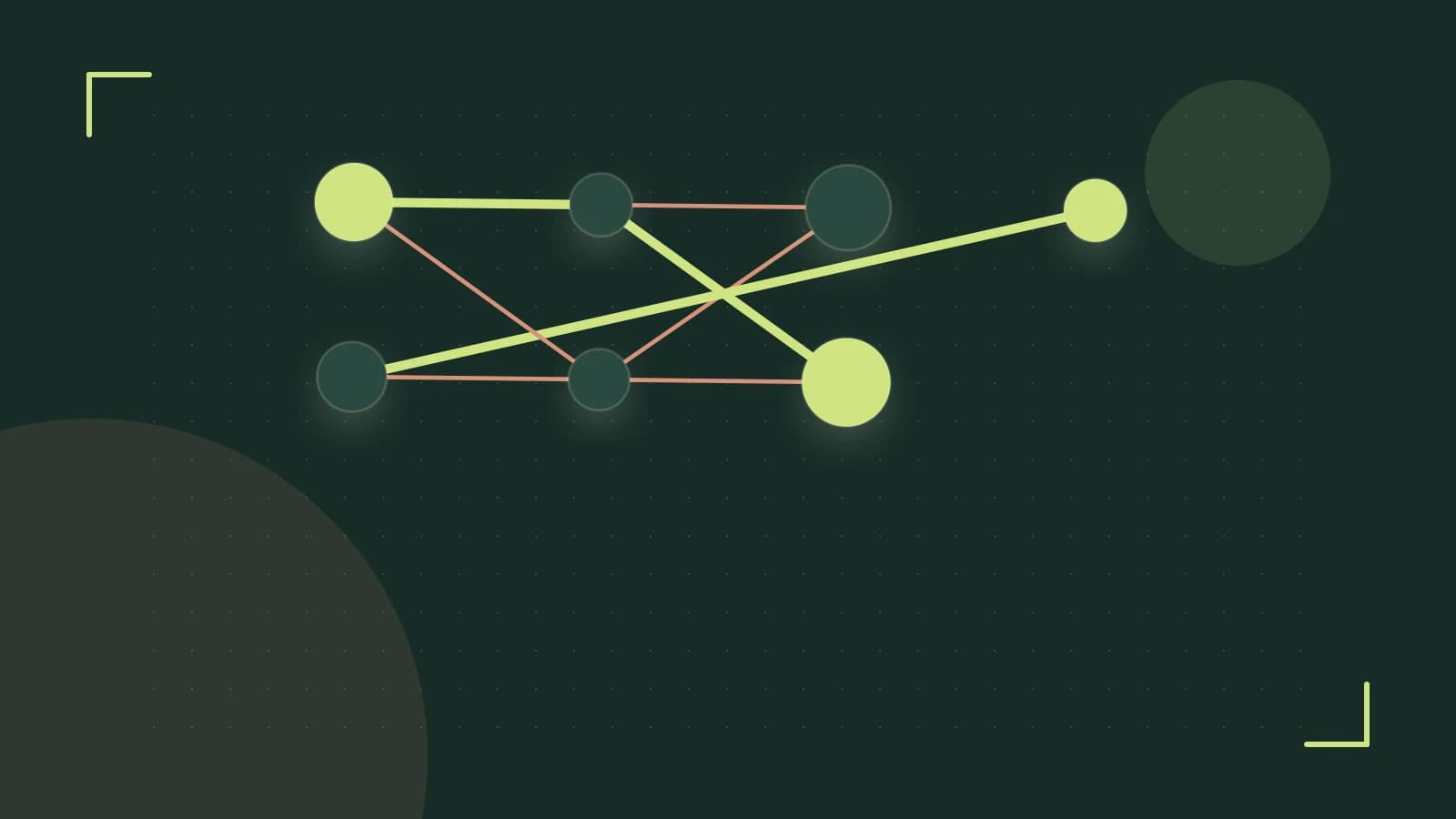 Editorial illustration of an algorithmic node graph with branching paths and a highlighted result