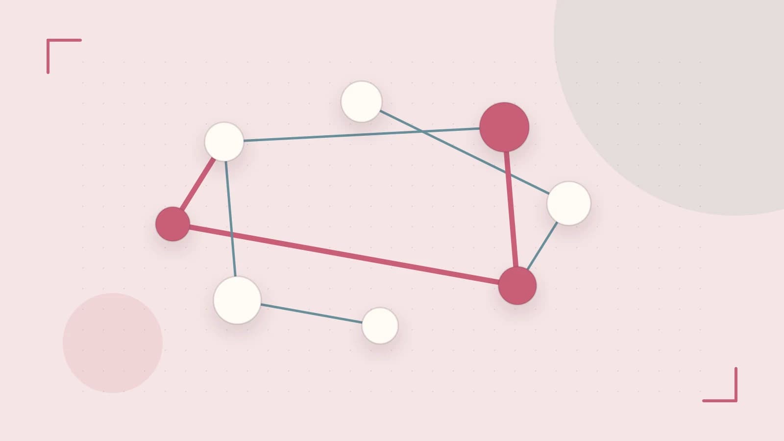 Editorial illustration of an algorithmic node graph with branching paths and a highlighted result