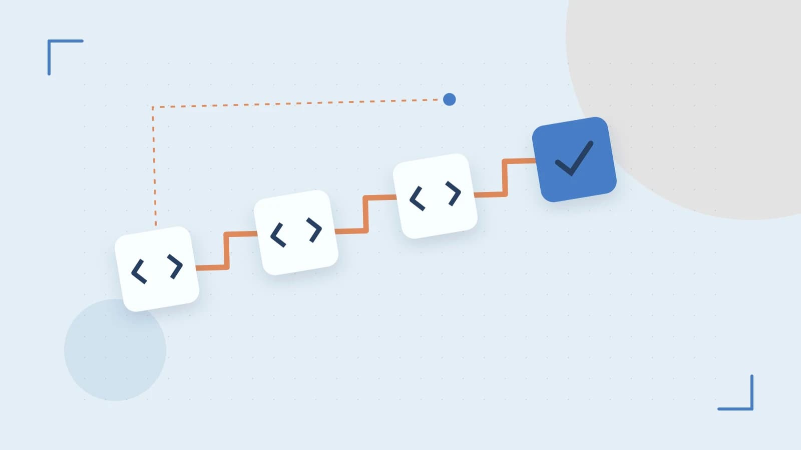 Editorial illustration of a branching build pipeline, staged transformations and a completed check